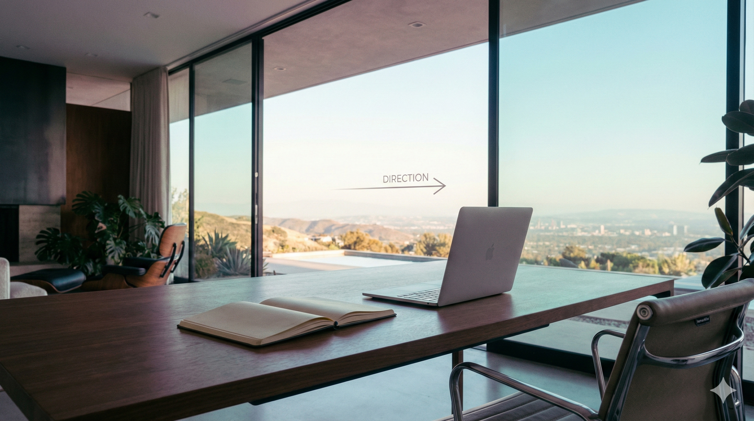 A clean, organized modern workspace for a 1099 entrepreneur featuring a laptop and notebook on a desk, overlooking a vast horizon at sunset with teal and burgundy lighting. This visual represents the balance between business organization and creative vision.